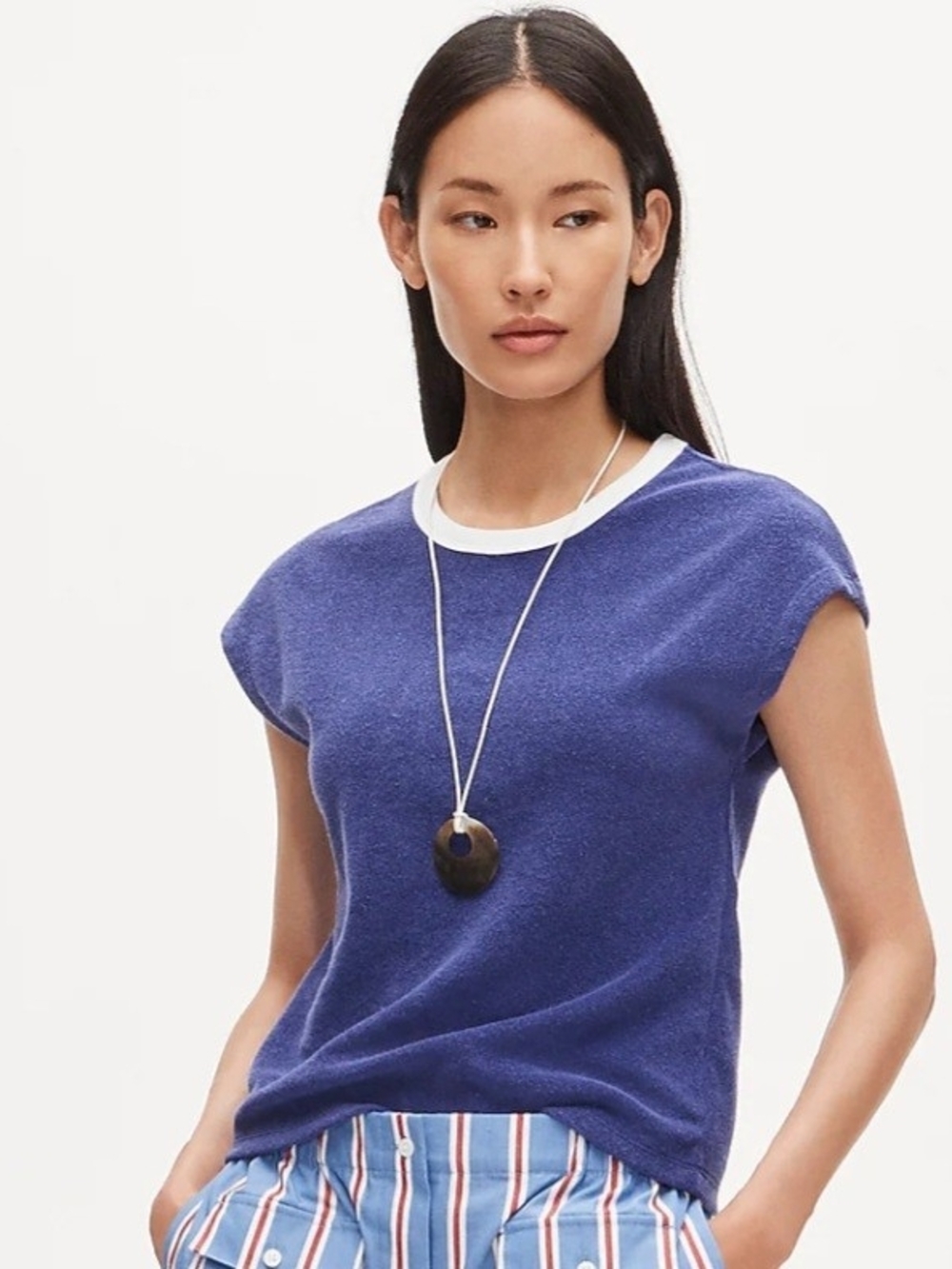 J. Crew Women's M Towel Terry Contrast Trim Top Blue White Cotton NWT